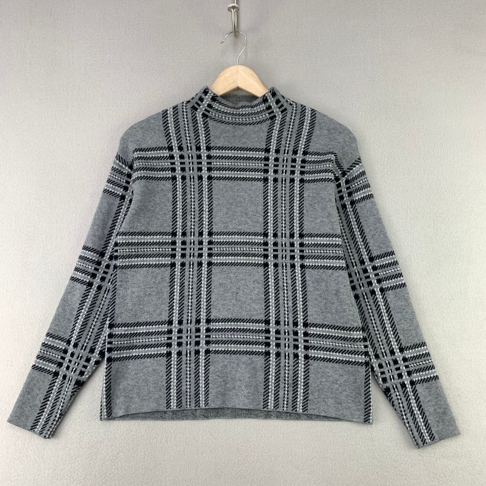 Premise Plaid Mock Neck Sweater Women S Gray Black Long Sleeve Knit Top